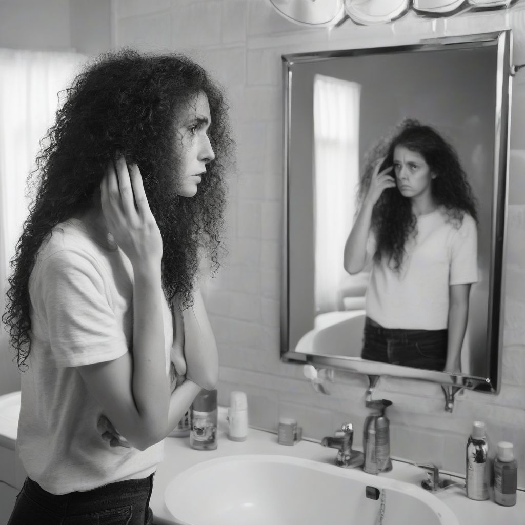 Woman with Damaged Hair Looking in the Mirror